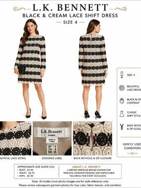 LK BENNETT Black Cream Lace Shift Dress US 4
